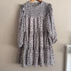 Miss Selfridge Floral Chiffon Smocked Ruffle Dress Long Sleeve Size 14 Large
